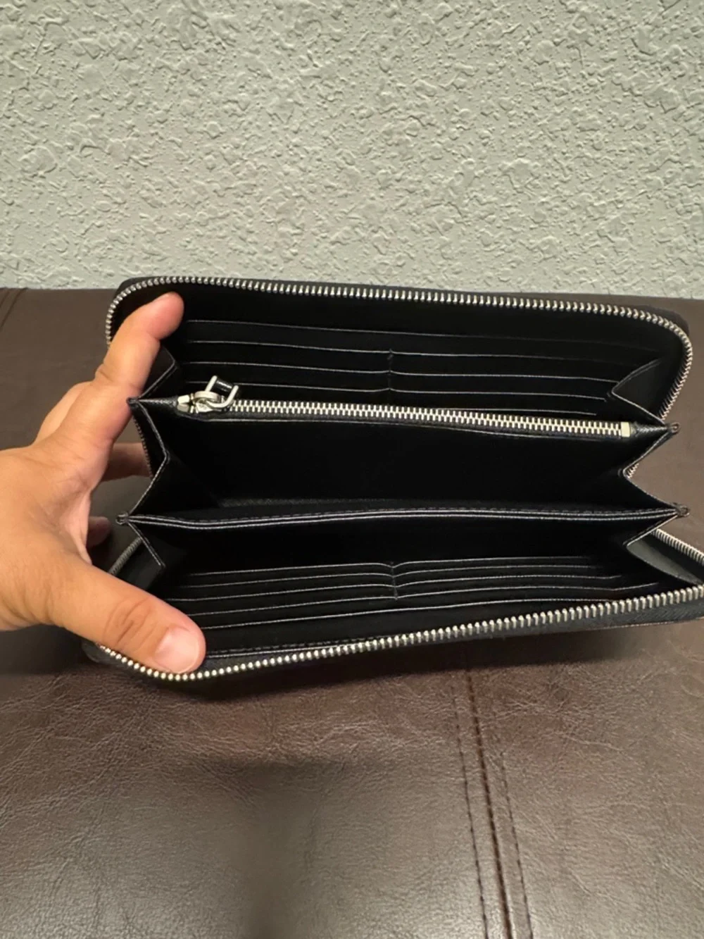 PRADA Two-Tone Zip Wallet in Burgundy and Black